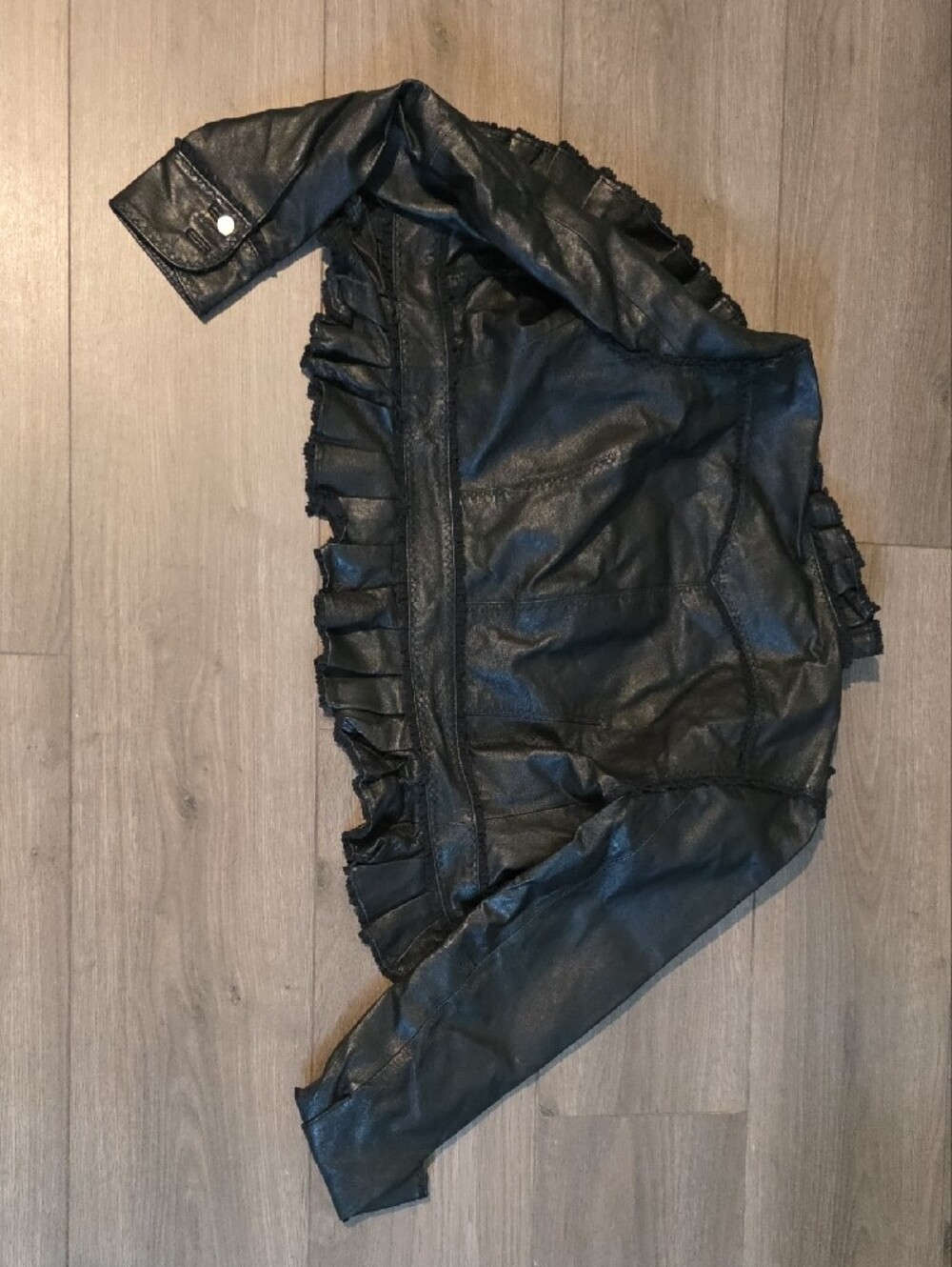 Moda International Black Ruffle-Trim Leather Jacket - Picture 4 of 5